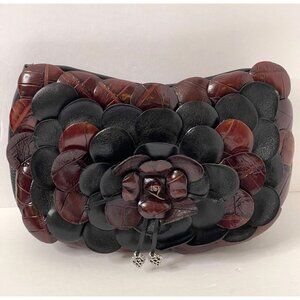 Brighton Leather Purse Black Burgundy 3D Flower Petal Rosalie Clutch
